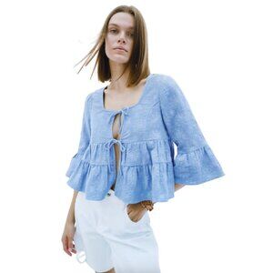 Zara Ruffled Peplum Tie Front Top Size Small Bows Floral Texture Light Blue